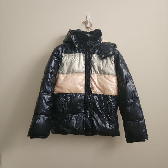 *SOLD* ABERCROMBIE & FITCH | color-block jacket puffer glossy navy pink sz 9 10 - Picture 2 of 7